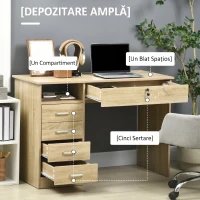 HOMCOM Birou Cameră sau Office Lemn cu 2 Sertare și 2 Chei, 110x50x76 cm, Stejar(m-5)
