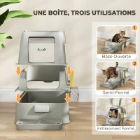 PawHut Bac à Litière pour Chat 80L en Inox avec Couvercle Rabattable à 180°, Tiroir Coulissant, Pelle, 63x43x43cm, Gris Clair(m-7)