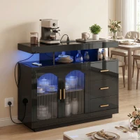 HOMCOM High Gloss Sideboard with LED Lights, Built-in Power Outlets, 3 Drawers, Shelves and 2 Acrylic Doors, Black(m-9)
