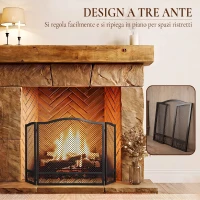 HOMCOM Parascintille Camino Pieghevole a 3 Pannelli in Metallo Verniciato, Pronto all'Uso, 107x1x60 cm, Nero(m-5)