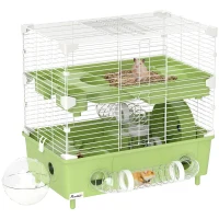 PawHut Cage pour hamster  à 2 niveaux avec roue de course salle de bain en sable pour hamster nain 44,5 x 28 x 44 cm vert(m-11)