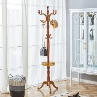 Porte-manteau européen en bois massif, design sculpté et élégant, plusieurs crochets à hauteurs variées, 48x48x195 cm, Couleur naturelle(m-1)