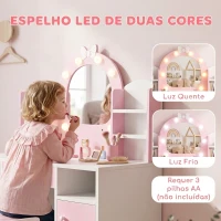AIYAPLAY Penteadeira Infantil com Espelho LED 2 Cores, Banco, 2 Armários, Gaveta e Prateleiras, Rosa(m-4)