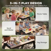 AIYAPLAY Kids Garden Furniture with Parasol, 3 in 1 Wooden Sand and Water Table with 2 Hidden Play Boxes for Patio, Ages 3-6(m-4)