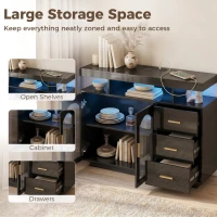HOMCOM High Gloss Sideboard with LED Lights, Built-in Power Outlets, 3 Drawers, Shelves and 2 Acrylic Doors, Black(m-4)
