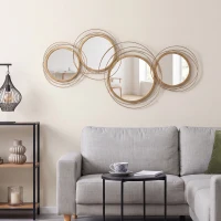 HOMCOM Decorațiune murală 3D din metal, decor de perete cu cercuri și oglinzi, 107x56 cm, auriu(m-10)