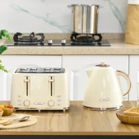 HOMCOM Kettle and Toaster Set, 1.7L 3000W Fast Boil Jug Kettle with Auto Shut Off, 4 Slice Toaster with 7 Level Browning Controls & Crumb Tray, Beige(m-7)
