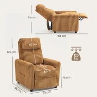 HOMCOM Sillón Relax Reclinable Manual Tapizado en Pana Instalación Rápida Reposapiés Acolchado Grueso Marrón(m-3)