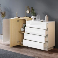 High-Gloss Sideboard with 4 Drawers and 2 Doors, Stylish Storage Cabinet with Anti-Tilt Safety Rails, 140L x 35W x 76.5H cm, White(m-10)