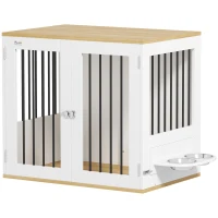 PawHut Cage pour chiens, table d'appoint, gamelles amovibles rotatives à 360° 2 portes pour chien moyenne 80x55x71,5cm blanc(m-1)