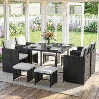 Outsunny Ensemble Salon de Jardin encastrable 8 Personnes 9 pièces résine tressée 4 Fils Imitation rotin Noir Coussins déhoussables crème(m-9)