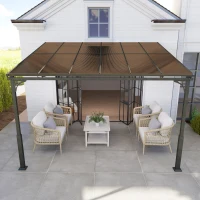 Outsunny 3.4 x 3 m Metal Lean-to Pergola, Wall-Mounted Garden Pergola with Polycarbonate Roof and Metal-Aluminium Frame, Brown(m-9)
