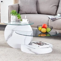 Table basse moderne minimaliste à 2 plateaux en verre de sécurité, design multi‑niveaux élégant, Blanc(m-4)
