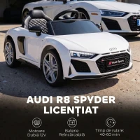 AIYAPLAY Mașină Electrică pentru Copii 12 V Audi R8 Spyder, 3-6 Ani, 3-5 km/h, 2 Motoare și Telecomandă, Albă(m-5)