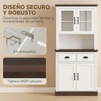 HOMCOM Alacena de Cocina Alta con Puertas de Cristal 2 Cajones Estantes Ajustables Compartimento Abierto 80x38x170 cm Blanco(m-6)