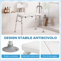 HOMCOM Sedia per Vasca da Bagno con Schienale e Bracciolo, Altezza Regolabile in 10 Livelli, Fino a 136 kg, Bianco(m-6)