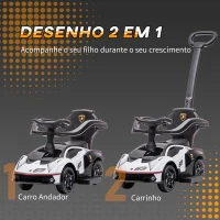 AIYAPLAY 2 em 1 Carro Andador para Crianças 12-36 Meses Lamborghini Essenza SCV2 Carro Andador com Buzina Guiador e Grade de Segurança Removível 86,5x40x89,5cm Branco e Preto(m-4)
