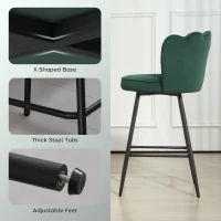 HOMCOM Set of Two Velvet-Feel Lotus Bar Stools - Dark Green(m-6)