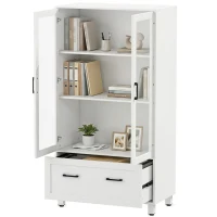 HOMCOM Arquivador com Portas de Vidro e Gaveta, Armário de Escritório com Barras Ajustáveis para Arquivo, 75x40x141 cm, Branco(m-15)