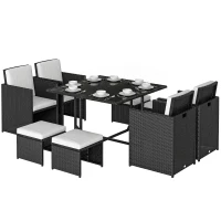 Outsunny Ensemble Salon de Jardin encastrable 8 Personnes 9 pièces résine tressée 4 Fils Imitation rotin Noir Coussins déhoussables crème(m-11)