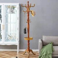 Porte-manteau européen en bois massif, design sculpté et élégant, plusieurs crochets à hauteurs variées, 48x48x195 cm, Couleur naturelle(m-4)