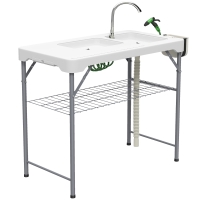Outsunny Mesa Plegable para Camping con 2 Fregaderos Manguera de Drenaje Estación de Limpieza y Grifo Blanco