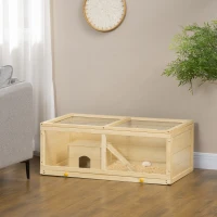 PawHut Wooden Hamster Cage with Sliding Tray, Openable Top, Hut for Syrian Hamster, Natural Wood Finish(m-10)