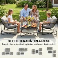 Set de Grădină Outsunny cu Canapea, 2 Fotolii și Măsuță cu Blat din Sticlă, Mobilier de Exterior cu Perne Groase, Gri Deschis(m-4)