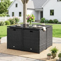 Outsunny Ensemble Salon de Jardin encastrable 8 Personnes 9 pièces résine tressée 4 Fils Imitation rotin Noir Coussins déhoussables crème(m-8)