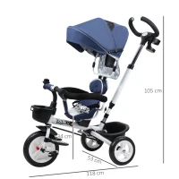 HOMCOM 4 in 1 Tricycle for Kids Toddler Folding Trike with Parent Handle Reversible Seat Adjustable Handle Removable Canopy Safety Belt for 18 Months to 5 Years Blue(m-3)