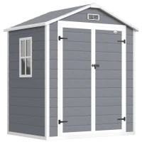 Outsunny Abri de jardin cabanon en résine polypropylène 2,12 m² - 2 portes 1 fenêtre et 1 grille d'aération, toit à pignon, gris(m-1)