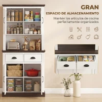 HOMCOM Alacena de Cocina Alta con Puertas de Cristal 2 Cajones Estantes Ajustables Compartimento Abierto 80x38x170 cm Blanco(m-4)