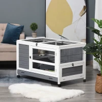 PawHut Conejera de Madera Caseta de Interior para Mascotas Pequeñas 2 Pisos con Ruedas Bandeja Extraíble Rampa 102x60x63,5 cm Gris Blanco(m-10)