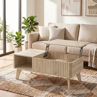 HOMCOM Mesa de centro elevable, compartimento oculto, 2 estantes abiertos, esquinas redondeadas, estilo mid-century, 100x48x41cm, Roble(m-2)