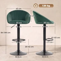 HOMCOM Bar Stools Set of 2 Adjustable Swivel Velvet Breakfast Bar Stools with Backrest, Dark Green(m-3)