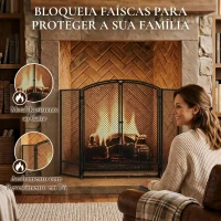 HOMCOM Proteção para Lareira Dobrável em Metal com 3 Painéis e Porta Dupla para Casa 122x75 cm Preto(m-4)