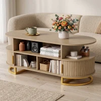 HOMCOM Masă de cafea ovală, masă de living modernă cu uși tambur glisante, spațiu de depozitare închis, rafturi deschise, Stejar(m-5)