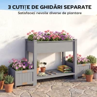 Outsunny Jardinieră Ridicată cu 2 Ghivece Laterale și Raft pentru Unelte, din Lemn de Brad, 149x46x76 cm, Gri(m-4)
