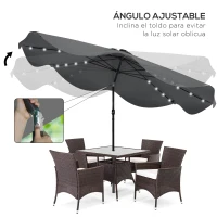 Outsunny Sombrilla de Jardín Manual Ø292x254 cm con 32 Luces LED Solares 8 Varillas Impermeable y Rejillas de Ventilación Gris(m-5)