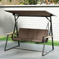 Outsunny Columpio de Jardín Exterior de 3 Plazas con Techo Ajustable 2 Bandejas Cojines y Marco de Metal Carga 360 kg Marrón(m-9)