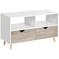 HOMCOM Meuble TV Bas sur Pieds Style scandinave 2 tiroirs Coloris chêne Clair Blanc(m-12)