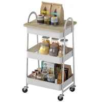 HOMCOM 3-Tier Kitchen Storage Trolley with on Wheels Cover Top Board - White and Oak(m-11)