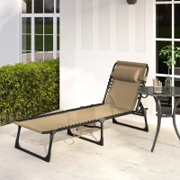 Outsunny Portable Sun Lounger, Folding Camping Bed Cot, Reclining Lounge Chair 5-position Adjustable Backrest with Side Pocket, Pillow for Patio Garden Beach Pool, Beige(m-9)