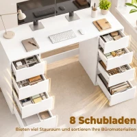 HOMCOM Bureau 140 cm met 8 laden, modern bureau met opbergruimte, witte houtlook(m-4)