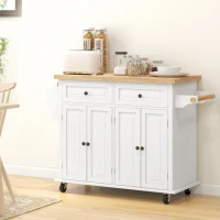 HOMCOM Rolling Kitchen Island Storage Trolley with Rubber Wood Top & Drawers for Dining Room, Cream White(m-10)