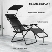 Outsunny Zero Gravity Lounger Chair, Folding Reclining Patio Chair with Shade Cover, Padded Seat, Cup Holder, Soft Cushion and Headrest for Poolside, Camping, Black(m-5)