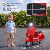 AIYAPLAY Mota Elétrica Infantil VESPA com Arranque Suave, Rodas de Apoio, Luz, Música e USB - Vermelho(m-3)
