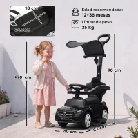 AIYAPLAY Correpasillos Bebés 3 en 1 Mercedes-Benz con Barra de Empuje Capota Barandilla de Seguridad Música 12-36 Meses Negro(m-3)