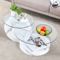 Table basse moderne minimaliste à 2 plateaux en verre de sécurité, design multi‑niveaux élégant, Blanc(m-5)