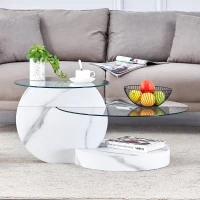 Table basse moderne minimaliste à 2 plateaux en verre de sécurité, design multi‑niveaux élégant, Blanc(m-1)